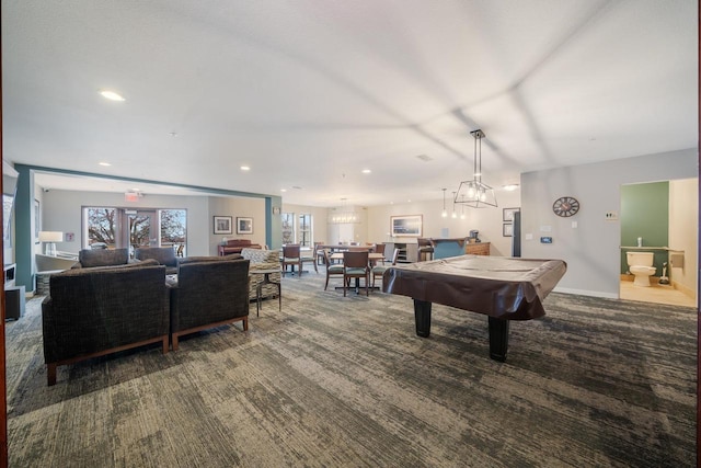 playroom featuring baseboards, carpet flooring, recessed lighting, and billiards