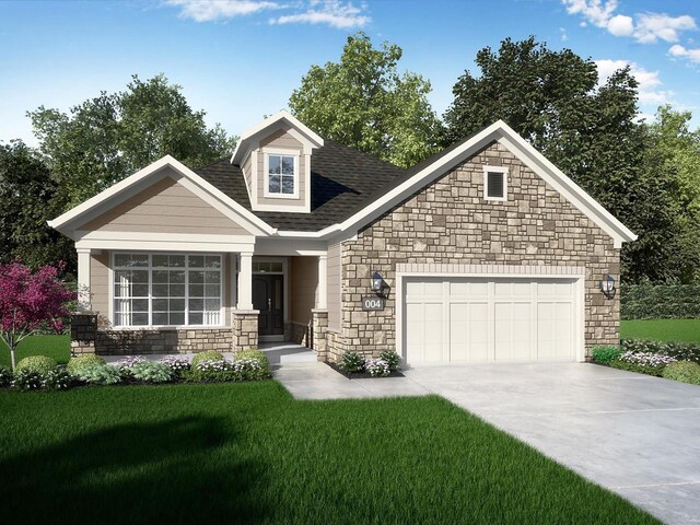 2544 E Baldeagle Dr, Appleton, WI 54913 - view of front of house with concrete driveway, stone siding, a front lawn, a garage, and a shingled roof
