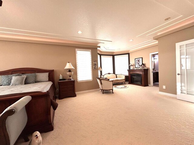 25621 Honeycut Ave, Tomah, WI 54660 - bedroom featuring light carpet, baseboards, recessed lighting, and a glass covered fireplace