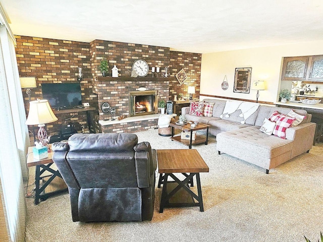 1090 Shabbona Dr, Fontana, WI 53125 - living room featuring carpet floors and a brick fireplace
