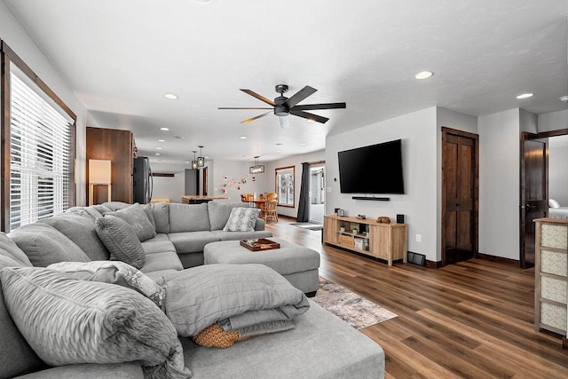 W11490 Boat Landing 7 Rd, Athelstane, WI 54104 - living area with baseboards, dark wood-style flooring, recessed lighting, and a ceiling fan