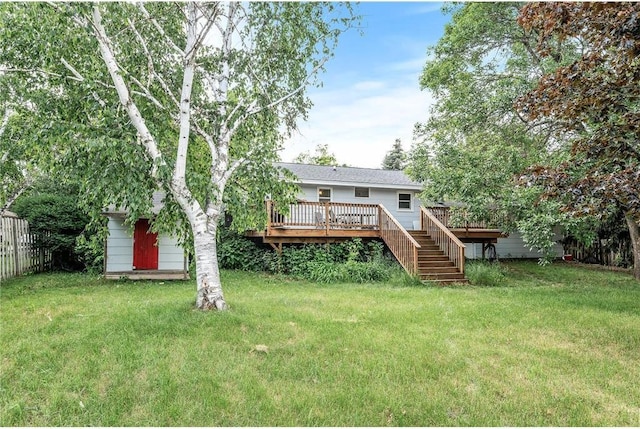 806 Oak Ridge Dr, Osceola, WI 54020 - rear view of house featuring a wooden deck and stairs