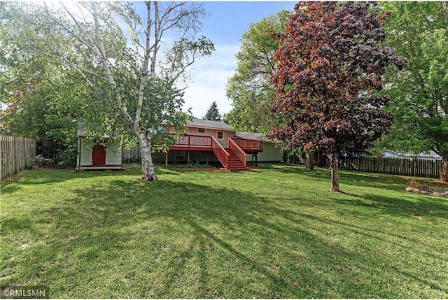 806 Oak Ridge Dr, Osceola, WI 54020 - view of yard featuring stairs, a wooden deck, and an outbuilding