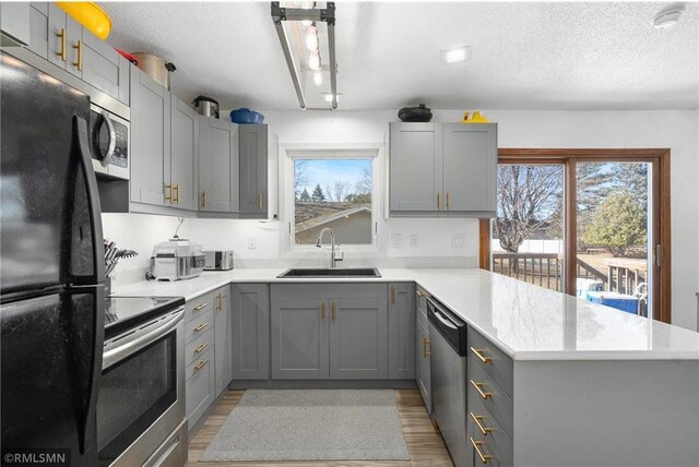 3374 Gerrard Ave, Eau Claire, WI 54701 - kitchen featuring a peninsula, appliances with stainless steel finishes, a sink, light wood-style floors, and gray cabinets