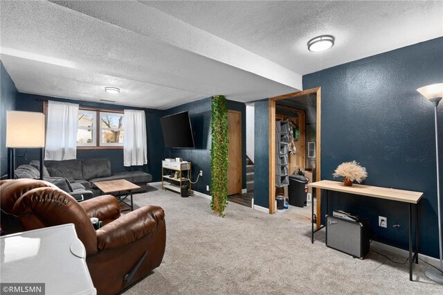 3374 Gerrard Ave, Eau Claire, WI 54701 - carpeted living room featuring baseboards, a textured wall, stairway, and a textured ceiling