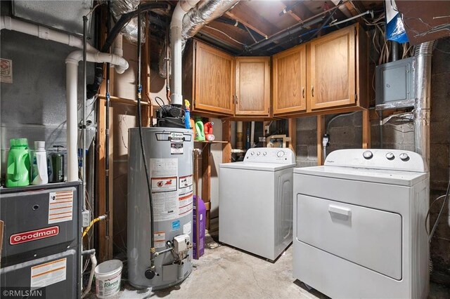 3374 Gerrard Ave, Eau Claire, WI 54701 - clothes washing area featuring water heater, cabinet space, washing machine and clothes dryer, and electric panel