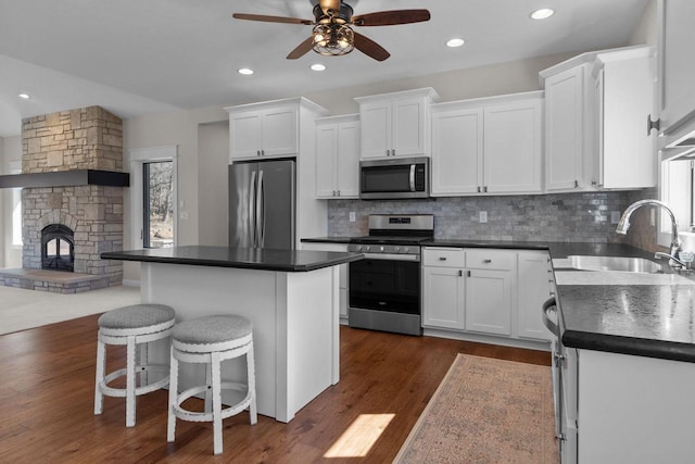 W4668 Reetz Rd, Princeton, WI 54968 - kitchen with stainless steel appliances, a sink, a ceiling fan, white cabinets, and dark countertops