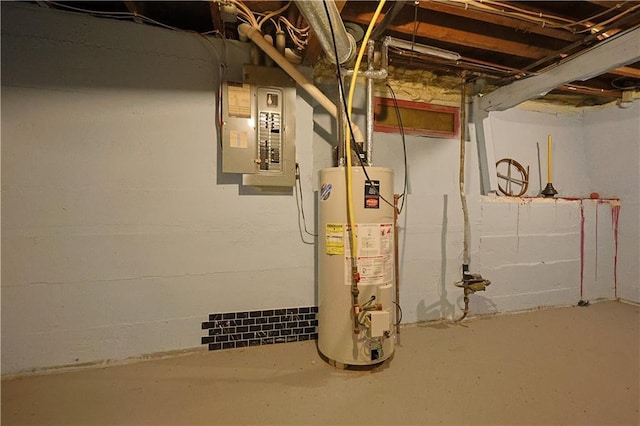unfinished below grade area featuring water heater and electric panel