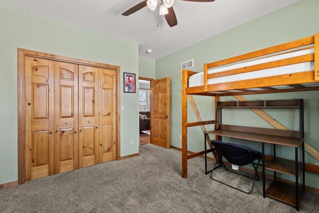 8464 County Rd S, Pulaski, WI 54162 - bedroom featuring carpet flooring, baseboards, ceiling fan, and visible vents
