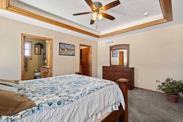 8464 County Rd S, Pulaski, WI 54162 - carpeted bedroom with a tray ceiling, a textured ceiling, ensuite bathroom, baseboards, and visible vents