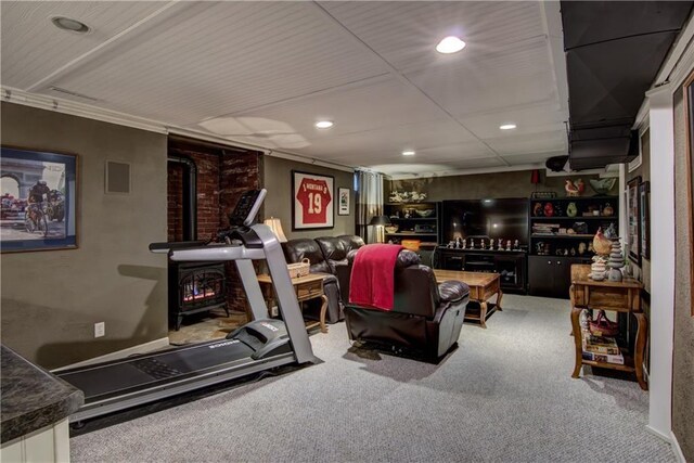 3736 Forest Knoll Dr, Eau Claire, WI 54701 - workout room featuring recessed lighting, carpet, and a wood stove