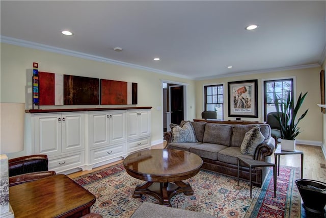 3736 Forest Knoll Dr, Eau Claire, WI 54701 - living room with baseboards, crown molding, wood finished floors, and recessed lighting