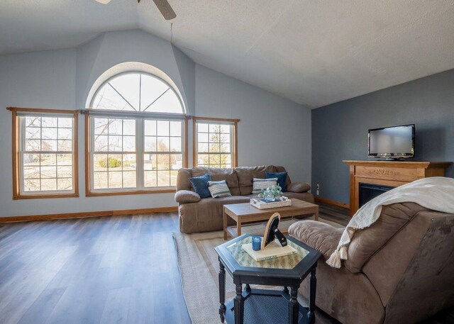102 Highland St, Belmont, WI 53510 - living area with baseboards, ceiling fan, a fireplace, wood finished floors, and lofted ceiling