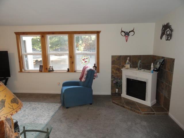 carpeted living area featuring baseboards and a tile fireplace