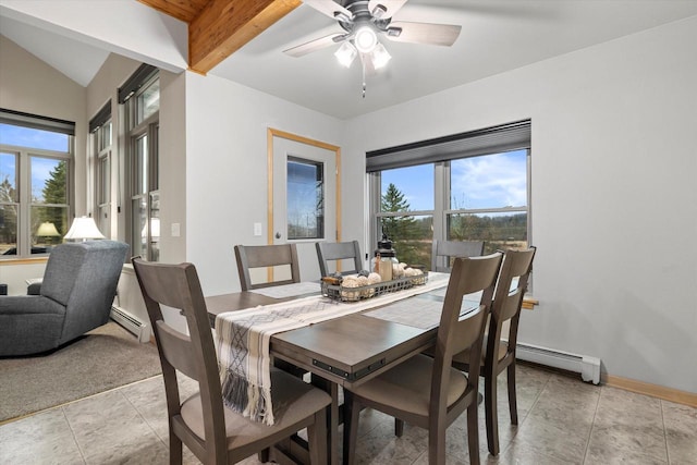 1646 N Friess Lake Dr, Hubertus, WI 53033 - dining space with vaulted ceiling with beams, baseboards, a baseboard heating unit, and ceiling fan