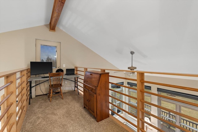 1646 N Friess Lake Dr, Hubertus, WI 53033 - home office with lofted ceiling with beams, ceiling fan, and light carpet