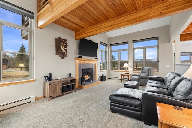 1646 N Friess Lake Dr, Hubertus, WI 53033 - carpeted living room with wood ceiling, beamed ceiling, a fireplace, and baseboard heating