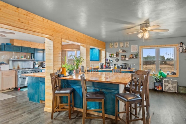 7760 State Highway 186, Arpin, WI 54410 - kitchen with stainless steel stove, butcher block counters, a ceiling fan, dark wood finished floors, and blue cabinets