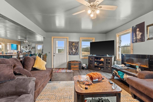7760 State Highway 186, Arpin, WI 54410 - living area with wood finished floors, a glass covered fireplace, and a ceiling fan