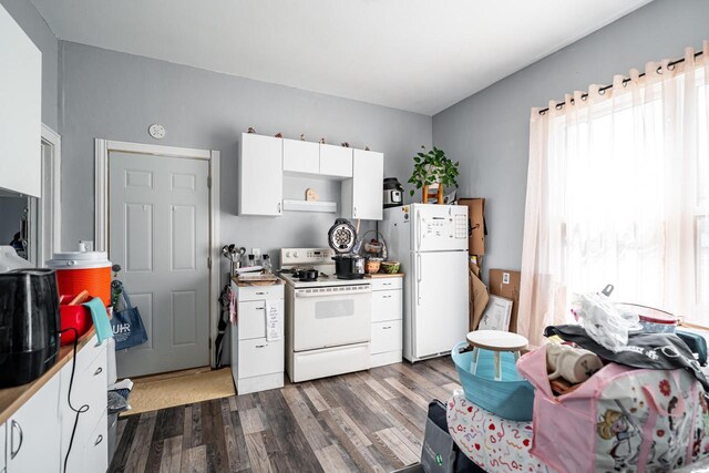 2214 N 40th St, Milwaukee, WI 53208 - kitchen featuring white appliances, white cabinetry, and dark wood-style floors