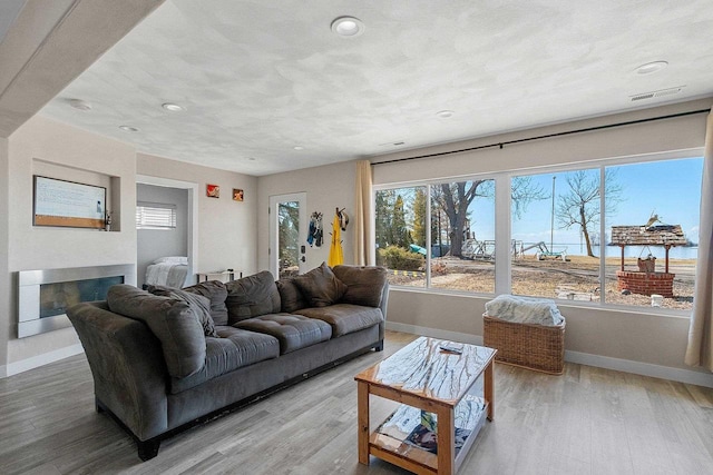 living area featuring baseboards, wood finished floors, and a glass covered fireplace
