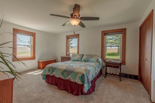 1943 State Road 11, South Wayne, WI 53587 - bedroom featuring a ceiling fan, carpet flooring, visible vents, and a closet