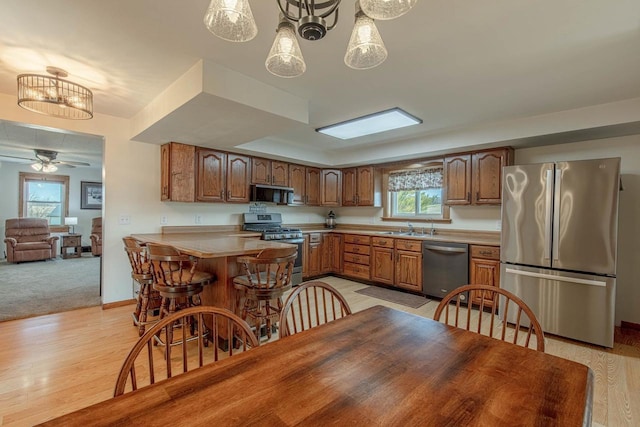1943 State Road 11, South Wayne, WI 53587 - kitchen featuring stainless steel appliances, light countertops, a ceiling fan, a sink, and a peninsula