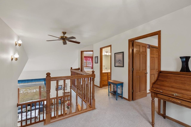 N8891 Gladstone Beach Rd, Fond Du Lac, WI 54937 - hall with light colored carpet, baseboards, an upstairs landing, and lofted ceiling