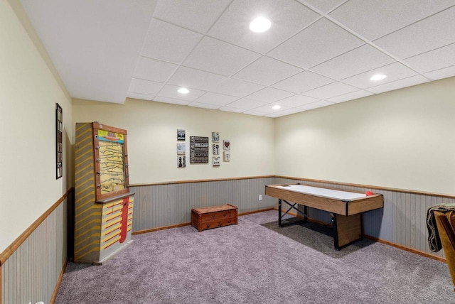 N8891 Gladstone Beach Rd, Fond Du Lac, WI 54937 - playroom featuring a paneled ceiling, a wainscoted wall, baseboards, carpet floors, and recessed lighting
