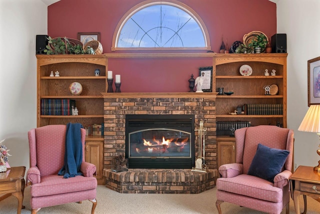 N8891 Gladstone Beach Rd, Fond Du Lac, WI 54937 - living area featuring carpet floors and a brick fireplace
