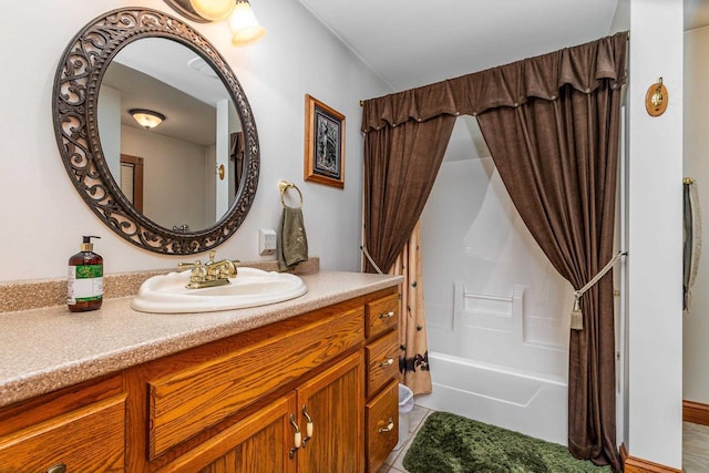 957 Whispering Ln, Hazel Green, WI 53811 - bathroom featuring shower / bathtub combination with curtain, tile patterned floors, and vanity