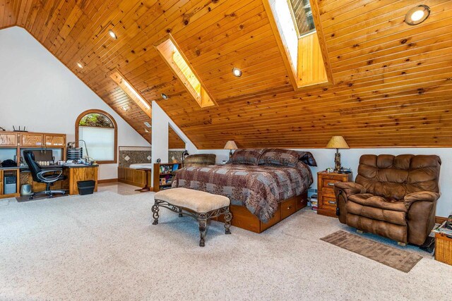 957 Whispering Ln, Hazel Green, WI 53811 - carpeted bedroom with wood ceiling, high vaulted ceiling, and a skylight