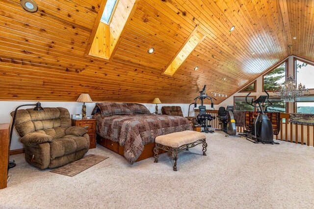 957 Whispering Ln, Hazel Green, WI 53811 - carpeted bedroom featuring vaulted ceiling with skylight, a chandelier, and wooden ceiling