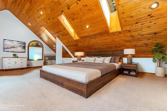 957 Whispering Ln, Hazel Green, WI 53811 - bedroom featuring high vaulted ceiling, a skylight, baseboards, carpet floors, and wood ceiling