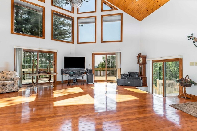957 Whispering Ln, Hazel Green, WI 53811 - living room with high vaulted ceiling, hardwood / wood-style flooring, and a wealth of natural light