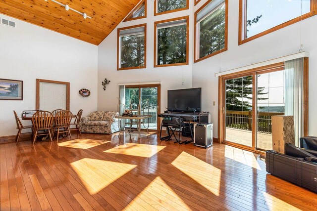 957 Whispering Ln, Hazel Green, WI 53811 - living area featuring vaulted ceiling, wooden ceiling, hardwood / wood-style flooring, baseboards, and visible vents