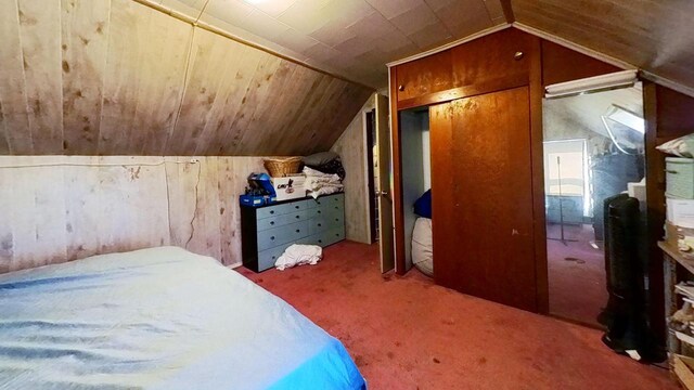 233 Highland St, Belmont, WI 53510 - unfurnished bedroom with lofted ceiling, carpet flooring, and wood ceiling
