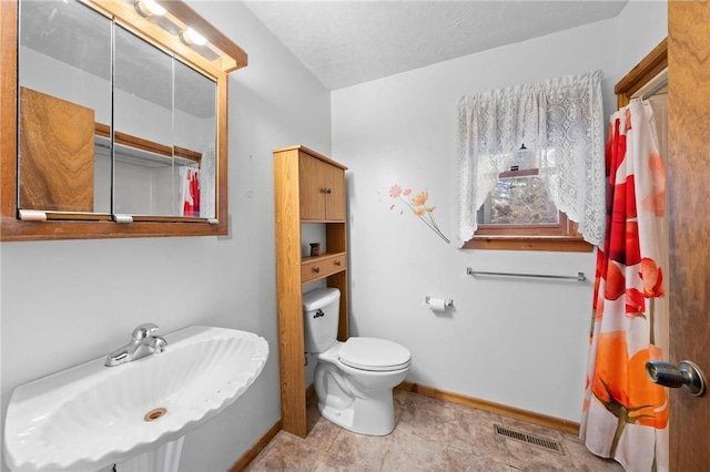 8375 N Bass Lake Rd, Danbury, WI 54830 - full bathroom with a textured ceiling, visible vents, baseboards, toilet, and a sink