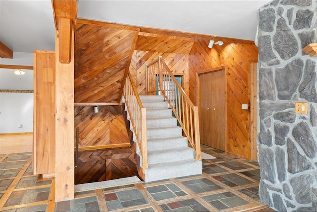 8375 N Bass Lake Rd, Danbury, WI 54830 - staircase with wood walls