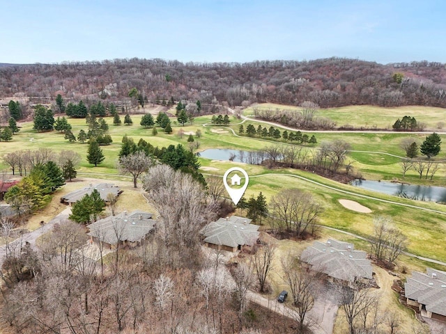 drone / aerial view featuring a water view and view of golf course