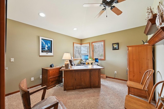 office featuring light carpet, baseboards, ceiling fan, and recessed lighting