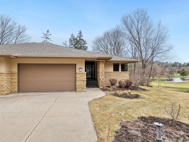 view of front of house with stone siding, concrete driveway, stucco siding, a front lawn, and a garage