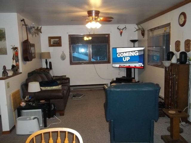 living area with carpet flooring, a ceiling fan, and a baseboard radiator