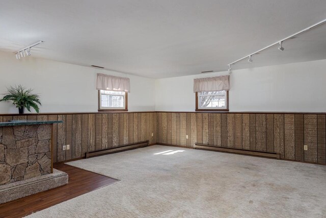 carpeted empty room featuring a wealth of natural light, wainscoting, and a baseboard radiator