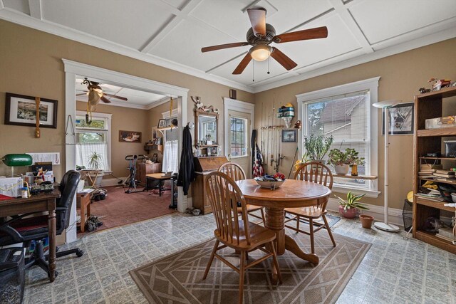 721 N St, Lake Geneva, WI 53147 - carpeted dining room with baseboards, crown molding, coffered ceiling, and a ceiling fan