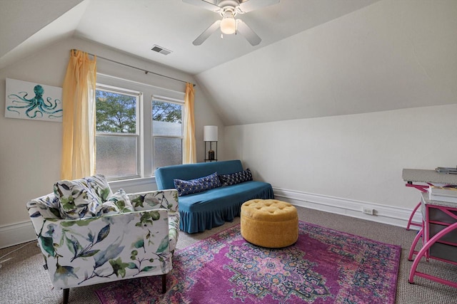721 N St, Lake Geneva, WI 53147 - sitting room with carpet flooring, visible vents, baseboards, a ceiling fan, and vaulted ceiling