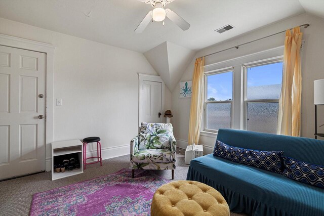 721 N St, Lake Geneva, WI 53147 - sitting room with lofted ceiling, baseboards, carpet floors, ceiling fan, and visible vents