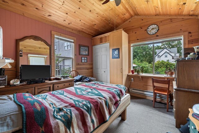 721 N St, Lake Geneva, WI 53147 - bedroom featuring vaulted ceiling, carpet floors, wood ceiling, wood walls, and a baseboard heating unit