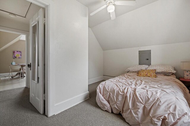 721 N St, Lake Geneva, WI 53147 - bedroom featuring carpet floors, baseboards, lofted ceiling, and electric panel