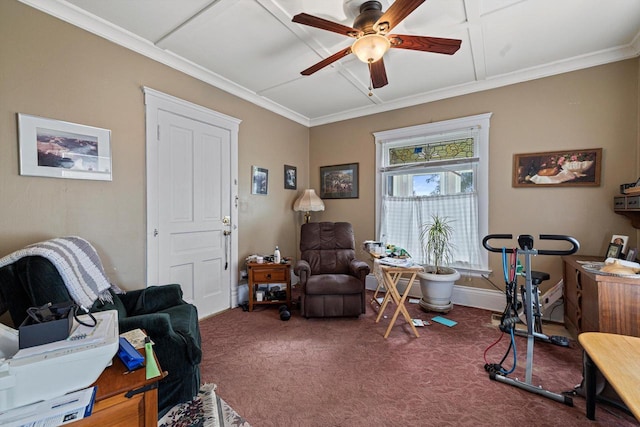 721 N St, Lake Geneva, WI 53147 - interior space with a ceiling fan, carpet floors, crown molding, and baseboards